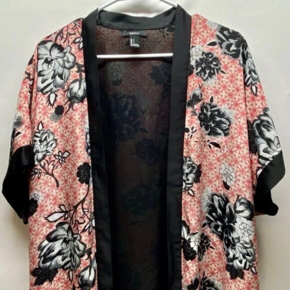 Forever 21 Open Front Kimono Top Women's Large Red Black Floral Lightweight GUC - Picture 2 of 8